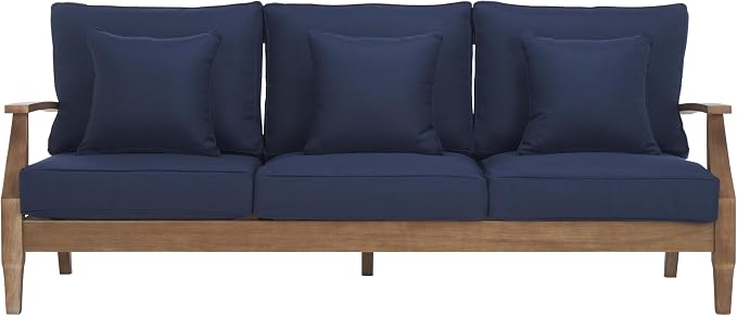 SAFAVIEH Couture Outdoor Collection Martinique Natural/Navy Cushion Solid Wood - Image 6
