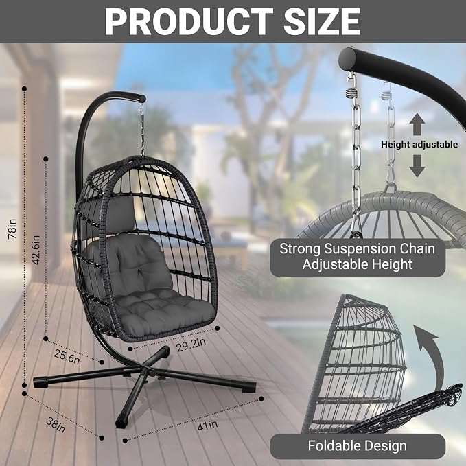 CHABATREE Egg Chair with Stand, Patio Rattan Wicker Hanging Swing Egg Chair - Image 4