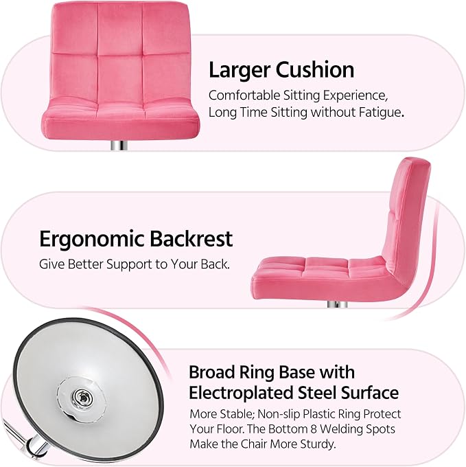 Yaheetech Pink Velvet Bar Stools, Adjustable Barstools Set of 4, Armless Swivel - Image 8