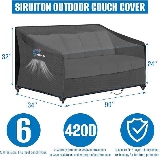 SIRUITON 3-Seat 90" W x 34" D x 32" H Garden Patio Sofa/Loveseat/Bench Cover - Image 2