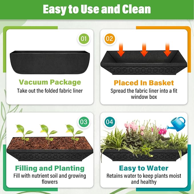 Riare 4 Pack 24 Inch Black Fabric Window Box Liners- Felt Square Trough Planter - Image 5