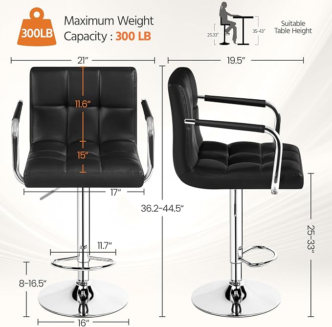 Yaheetech Bar Stools Set of 2, PU Leather Height Adjustable Swivel Barstools - Image 3