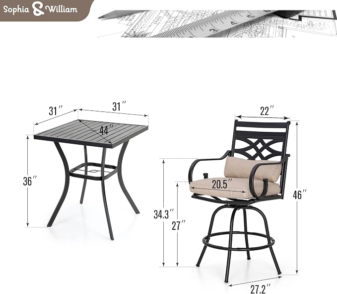 Sophia & William Patio Bar Set 3 Pieces Outdoor Bistro Bar Set - Image 7