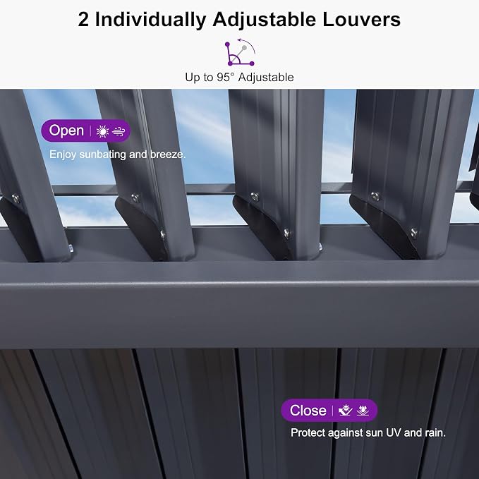 PURPLE LEAF Louvered Pergola 10' x 13' Outdoor Aluminum Modern Gray Pergola - Image 6