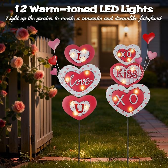 Lewondr 2 Pcs Valentine's Day Decorations Outdoor, Metal Solar Pathway Lights - Image 3