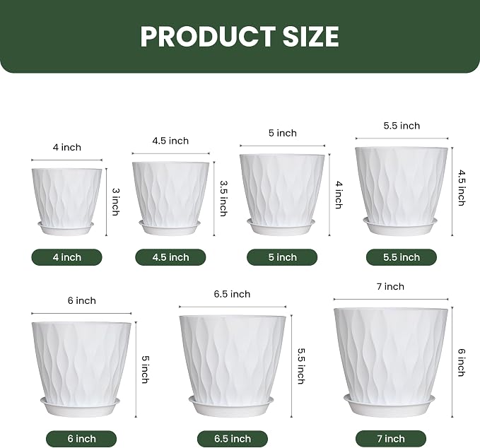 Flower Pots, 7/6.5/6/5.5/5/4.5/4 inch Plastic Plant Pots, 7 Pack Planter - Image 2