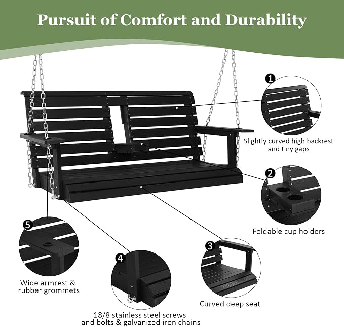 Poly Lumber 2-Seat Porch Swing, HIPS 4.5-Feet Bench Swing - Image 6