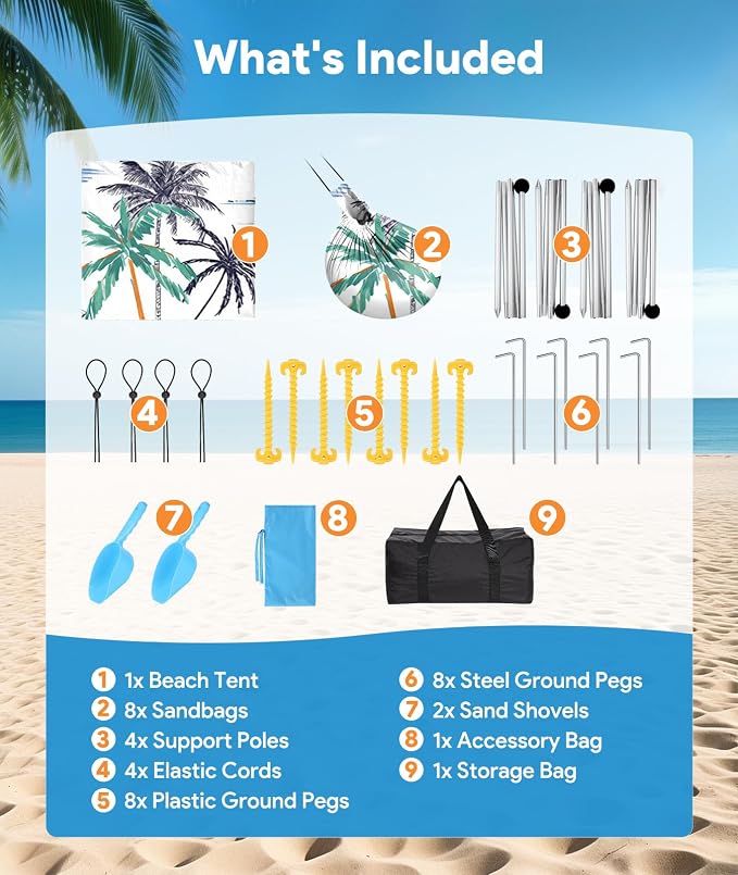 Beach Tent Sun Shelter, 10 x 10 FT Beach Canopy Tent Sun Shade, UPF50+ Tents - Image 6