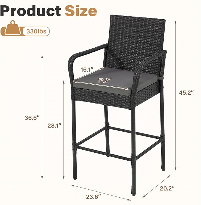 ECOTOUGE Set of 2 Patio Rattan Barstools, All-Weather Wicker Bar Height Chairs - Image 3