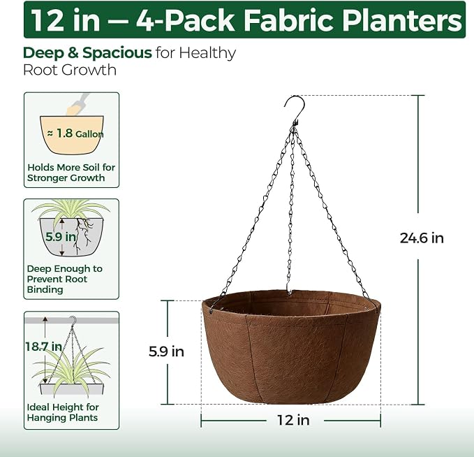 T4U Hanging Planters for Outdoor Plants, 12 Inch 4 Pack Fabric Hanging Baskets - Image 2