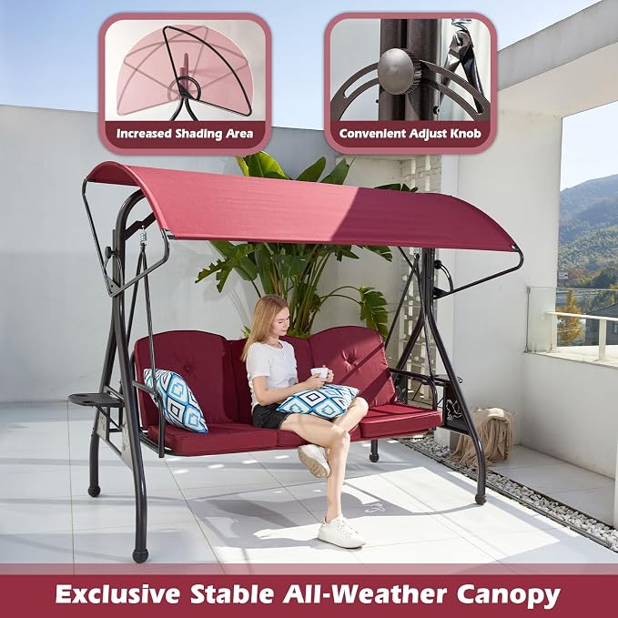 800LBS Patio Swing with Canopy 3 Seat Outdoor Porch Swing with Stand w/Cup - Image 5