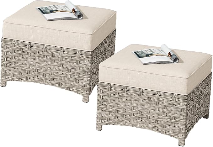 HOOOWOOO 2 Piece Patio Ottoman Set, Outdoor Wicker Ottomans, All Weather by DesignforBetterLife