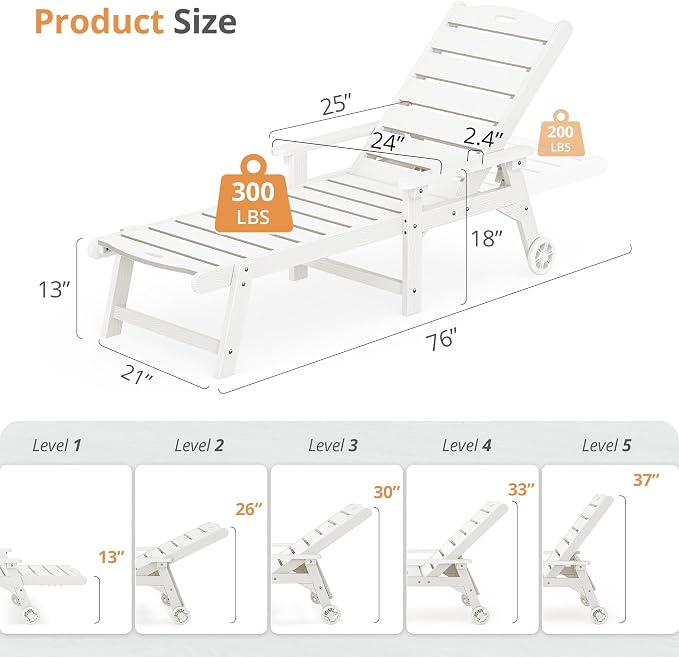 LUE BONA Outdoor Chaise Lounge Chairs Set of 4, HDPS Chaise Lounger, 5 - Image 2