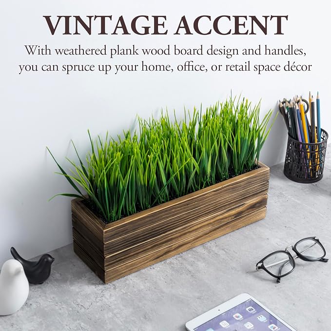 MyGift 14 Inch Artificial Green Grass Plant in Rustic Burnt Solid Wood - Image 2