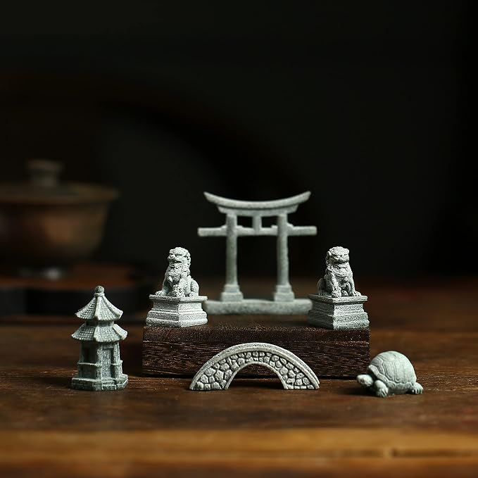 6 PCS Mini Zen Garden Accessories, Miniature Garden Bridge Foo Dogs Torii Gate - Image 5