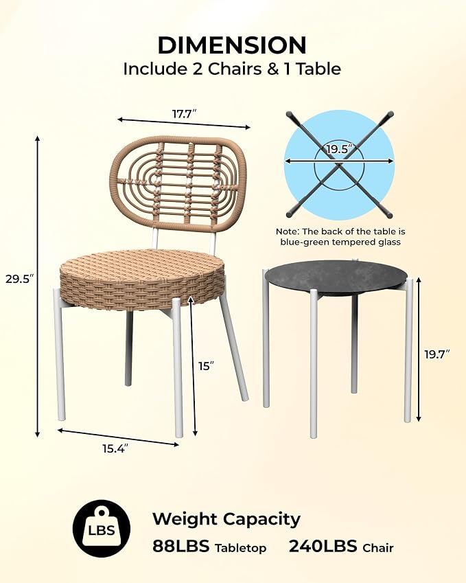 GarveeLife 3 Piece Wicker Patio Bistro Furniture Set, Outdoor Dining Chairs - Image 2