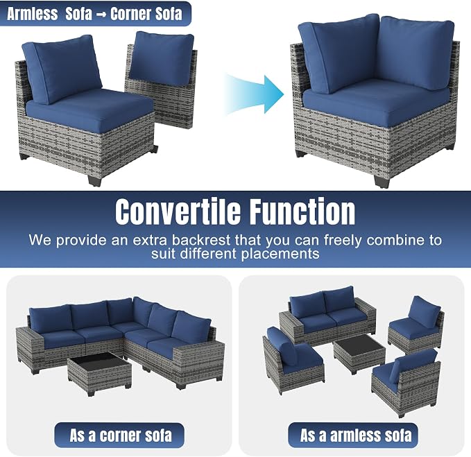 Aoxun 6 Pieces Patio Furniture Set Wicker Rattan Outdoor Sectional Conversation - Image 5