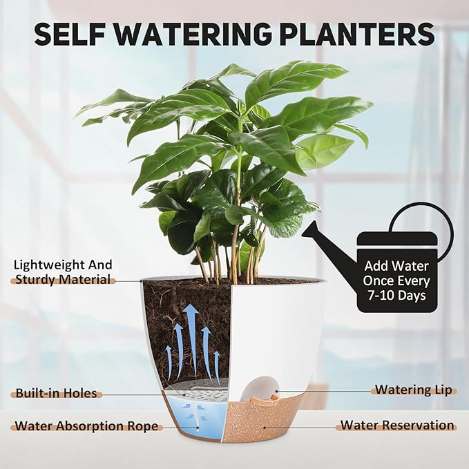 12 Inch Large Self Watering Plant Pot Set, Flower Pots - Image 3