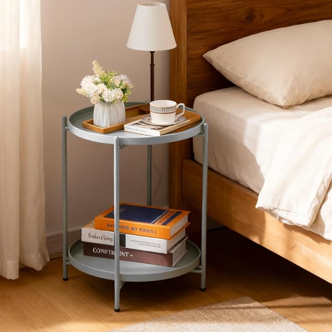 HollyHOME 2-Tier Round Side Table, Outdoor Small Folding Accent Stand - Image 2