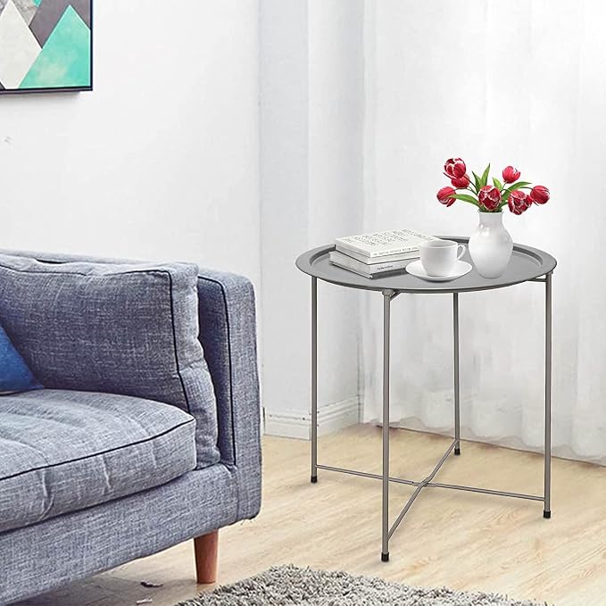 Garden 4 you Folding Tray Metal Side Table 2PC Grey Round End Table Cyan Sofa - Image 2