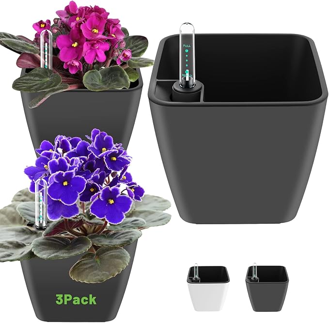 Self Watering Planters for Indoor Plants 5 inch 3 Pack Grey Planter by GsGardenSpecialty
