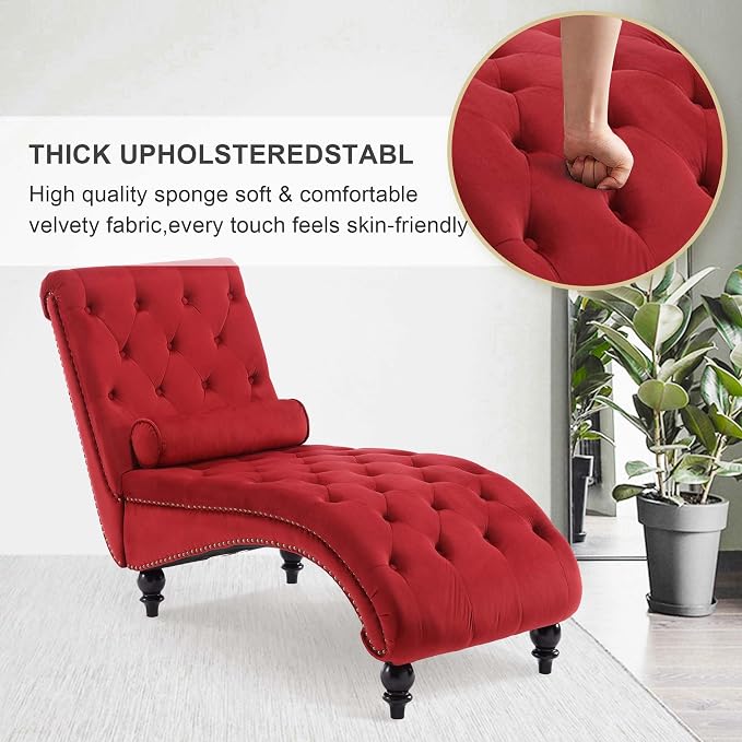 Chaise Lounge Indoor, Velvet Upholstered Lounge Chair Button-Tufted Armless - Image 3