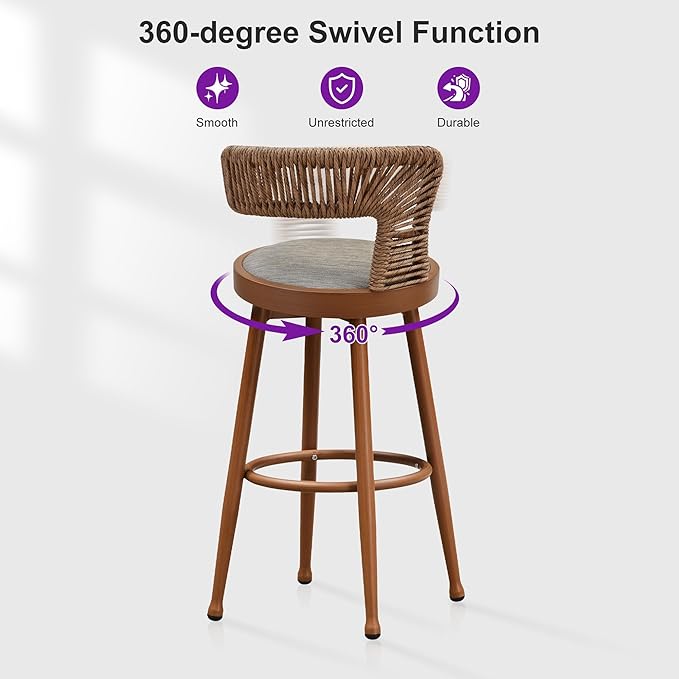PURPLE LEAF Outdoor Swivel Bar Height Stools Set of 4 Metal Modern Wicker Bar - Image 4
