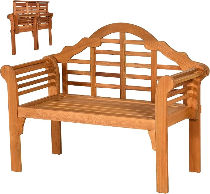 Classic Patio Loveseat Bench, Eucalyptus Wood, 4 FT, Arched Back & Armrests by SPORFIT