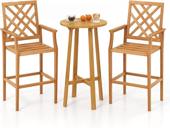 Tangkula 3 Piece Patio Bar Set, Teak Wood Bistro Furniture - Image 9
