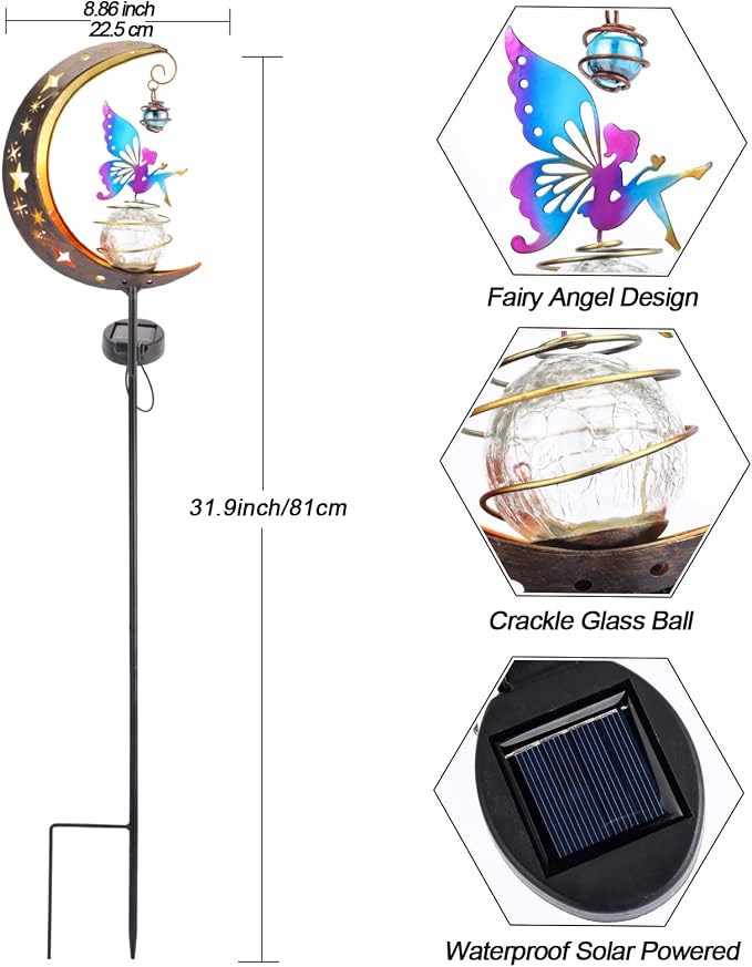 Solar Fairy Garden Light Decor, Moon Fairy Stake Lights, Crackle Glass Globe - Image 6
