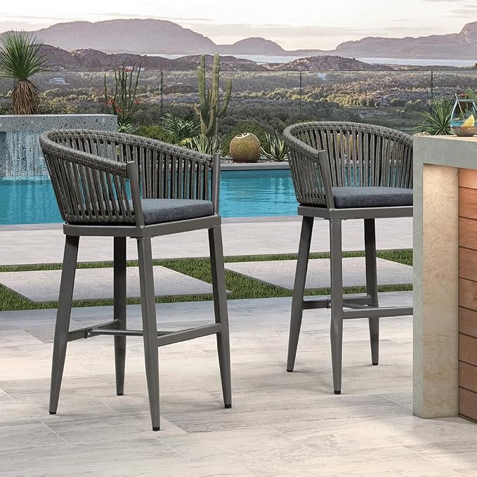 PURPLE LEAF Outdoor Bar Height Stools Set of 2 Patio Metal Modern Wicker Bar - Image 3
