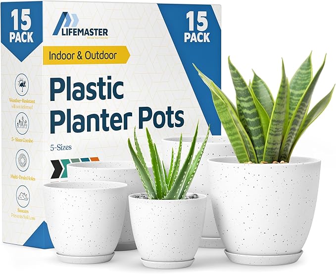 White Gray Plant Pots with Drainage Holes & Saucers 15 Pack, Indoor & Outdoor by LIFEMASTER