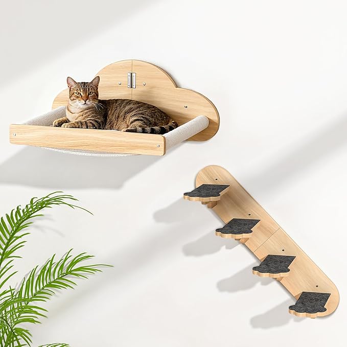 Wall Mounted Cat Hammock with 3 Climbing Steps, Pine Wood Cat Climbing Shelves by Chuiendi