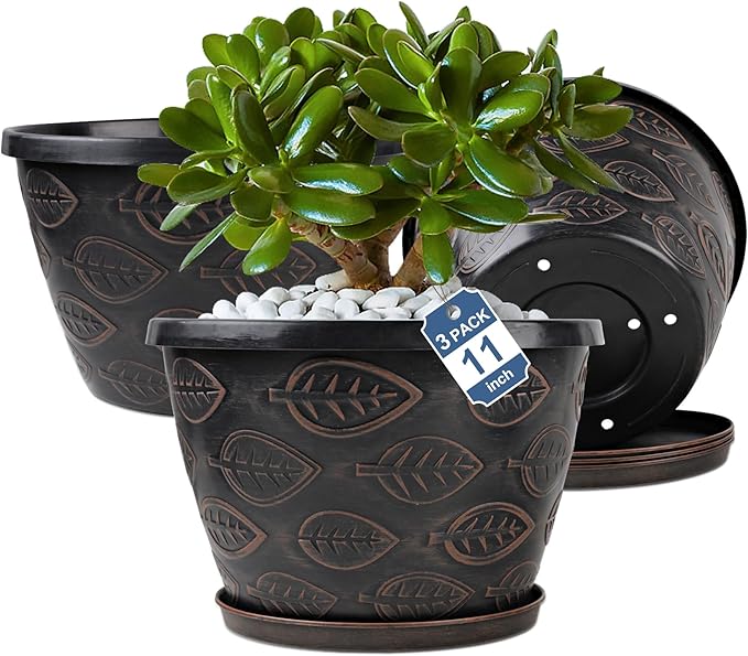 3 Pack Flower Pots Outdoor 11 Inch Plant Pots Indoor, by Nooulap