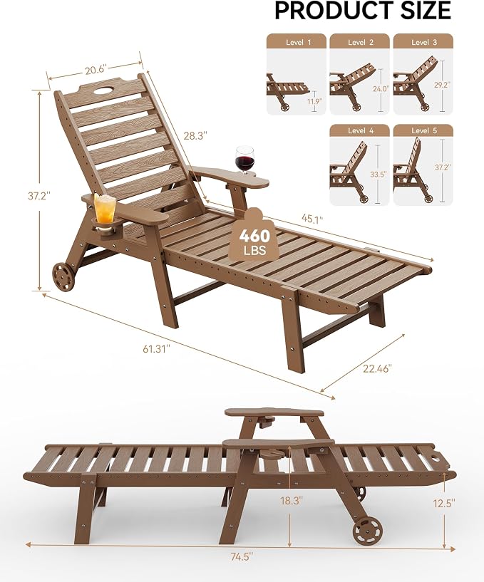Carauci Lounge Chair Outdoor Set of 2, HDPE Chaise Lounge - Image 3