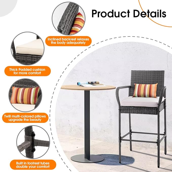 Sundale Outdoor Wicker Bar Stool Set of 2, Patio Counter Height Pub Chair - Image 4
