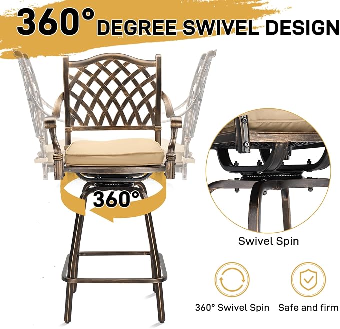 Outvita Set of 2 Outdoor Swivel Bar Stools-Cast Aluminum, Bar Height Patio - Image 6