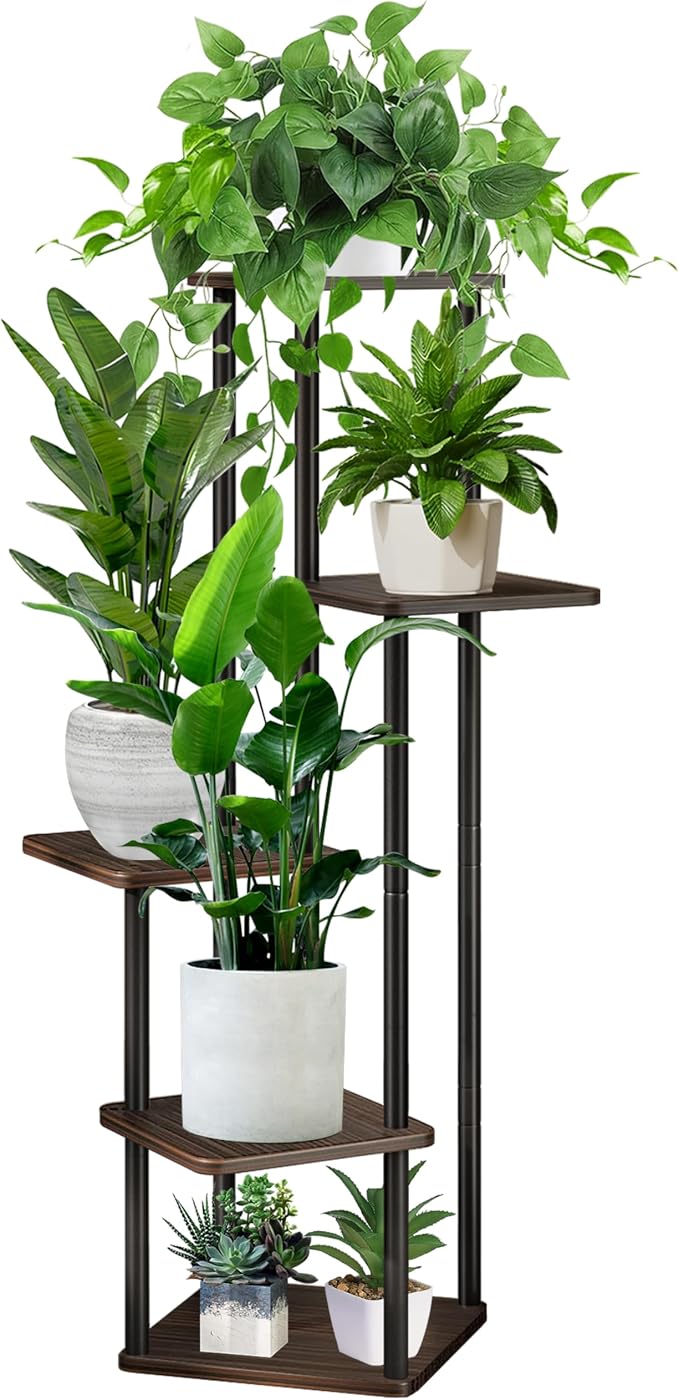 5 Tier Wood Tall Plant Stand Metal Rack Indoor, Planter Shelf Display Rack by YOCOMEY