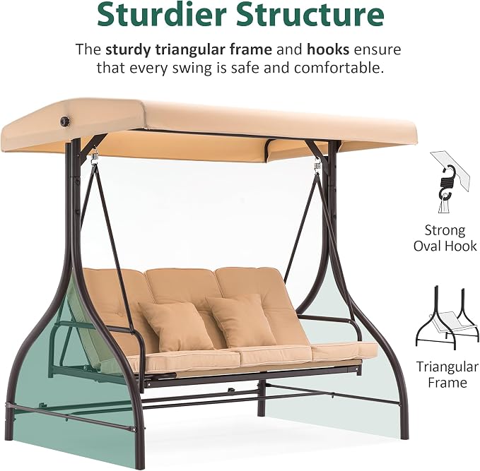 MCombo 3-Seat Outdoor Patio Swing Chair, 2-in-1 Convertible Porch Swing Glider - Image 7