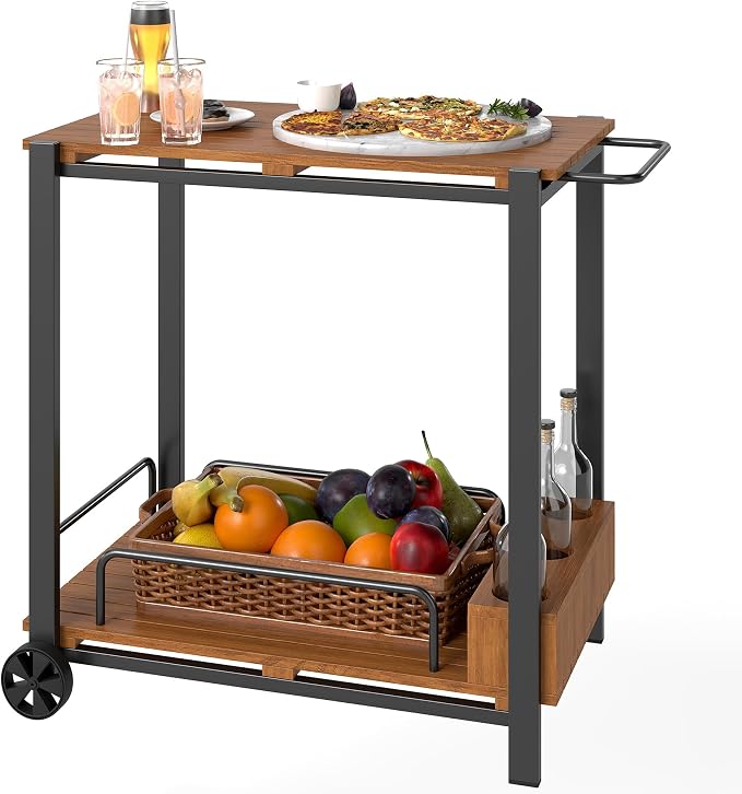 Outsunny Acacia Wood Outdoor Bar Cart, Rolling 2-Tier Outdoor Bar Table by Outsunny