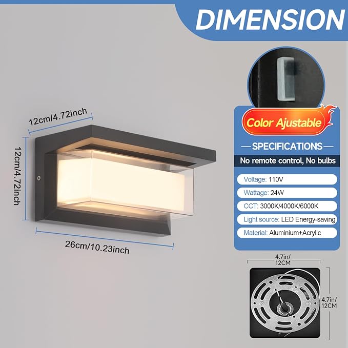 4 Pack 24W LED Outdoor Wall Lights Exterior/Interior Adjustable 3-Color Sconces - Image 4