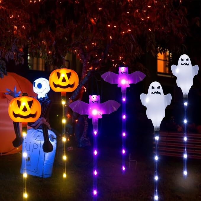 Halloween Decorations Outdoor Solar Pumpkin Bat Ghost Garden Stake Lights - Image 6