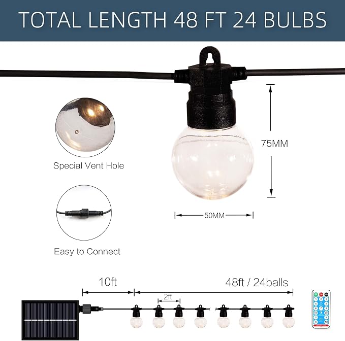 PURPLE LEAF Solar Outdoor String Lights Commercial 48 Ft 24 Waterproof Bulbs - Image 5