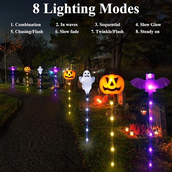 Halloween Decorations Outdoor Solar Pumpkin Bat Ghost Garden Stake Lights - Image 4