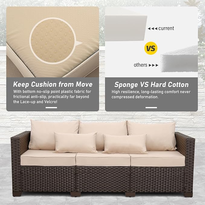 Outdoor Furniture Couch 3 Seater Sofa Outdoor Brown Wicker Sofa Deep Seat High - Image 4