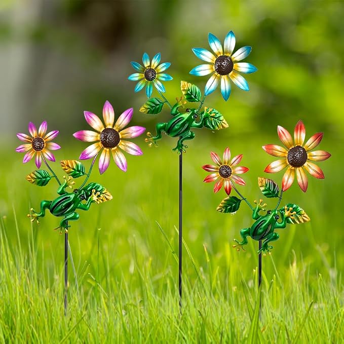 3 Pack Frog＆Flowers Garden Stakes Decor, Metal Yard Art Decorative Garden Stakes - Image 2