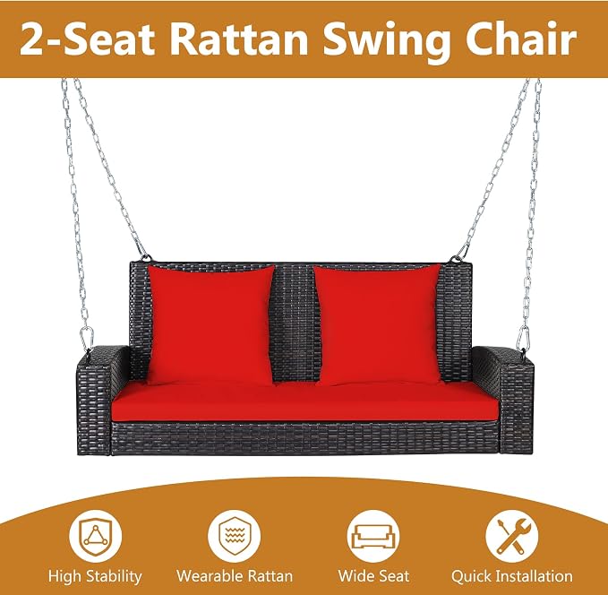 DORTALA Hanging Porch Swing, 2-Person Outdoor Wicker Swing Chair Bench - Image 2