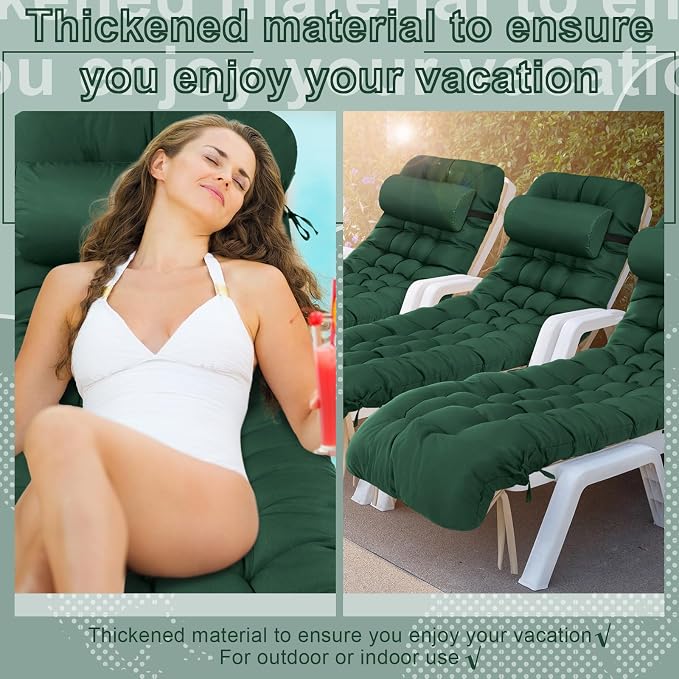 Tudomro 2 Pcs Dark Green 66'' Outdoor Chaise Lounge Cushion Waterproof Patio - Image 7