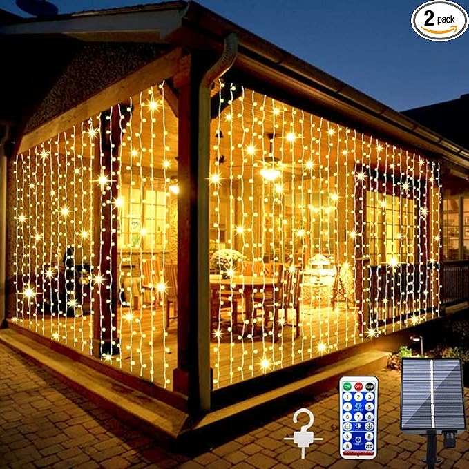 2 Pack Solar Curtain Lights Outdoor Garden Fairy String Lights 300 LED 8 Modes by Whywhife