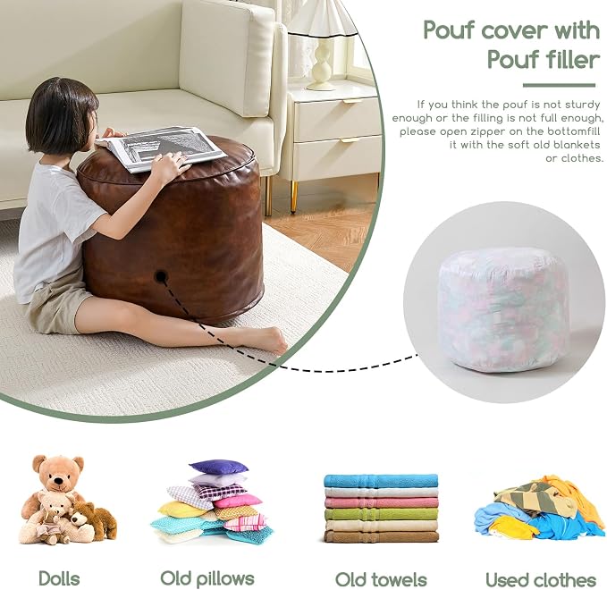 HIGOGOGO Round Stuffed Pouf Ottoman, Pu Leather Poufs - Image 3